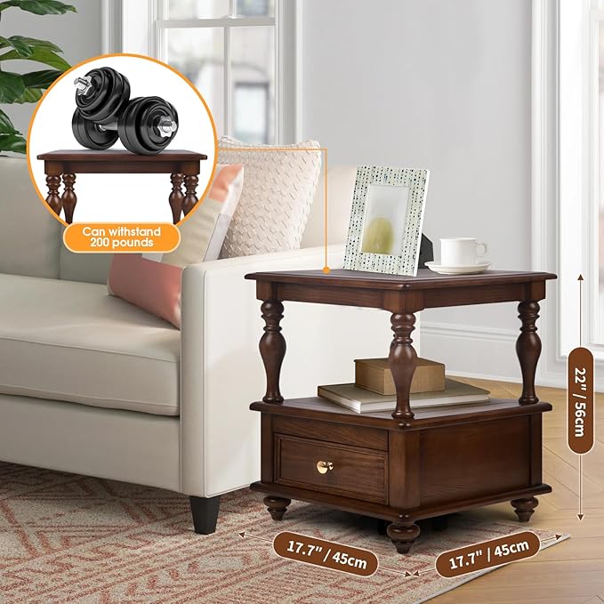 Traditional Square End Table with 1 Drawer and 2 Hidden Compartments for Living Room, 2-Tier Couch Side Table with Storage Shelves for Small Spaces, Solid Wood Nightstand for Bedroom, Walnut