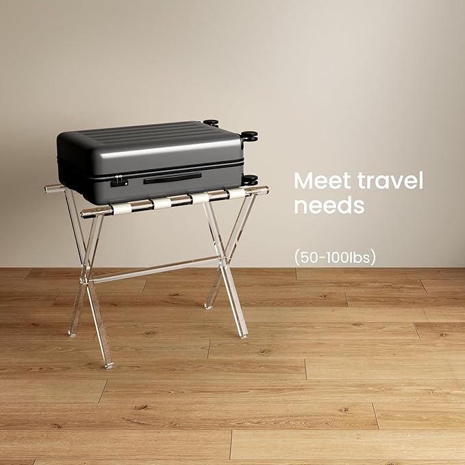 Sumerflos Acrylic Luggage Rack for Guest Room - Foldable Suitcase Stand with Leather Straps for Bedroom Living Room Hotel Heavy-Duty, Holds up to 50-100 lb lightweight Space Saving (Beige & Handle - 1 Pcs)