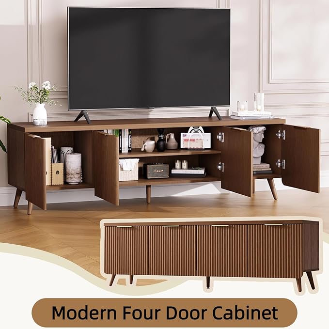 TV Stand for Up to 60" TVs, Modern Entertainment Center with 4 Cylindrical Stripe Doors, Media Console Table with Solid Wooden Legs, Modern TV Stand for Living Room, Bedroom, Walnut