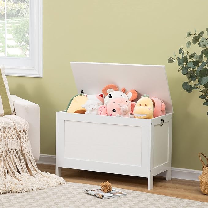 HOOBRO Toy Box, Retro Wooden Look Storage Chest with Safety Hinge, Entryway Storage Bench Supports 220 lb, 29.9 x 15.7 x 18.9 Inches Toy Chest Organizer, Easy Assembly (White) WT75CW01G1