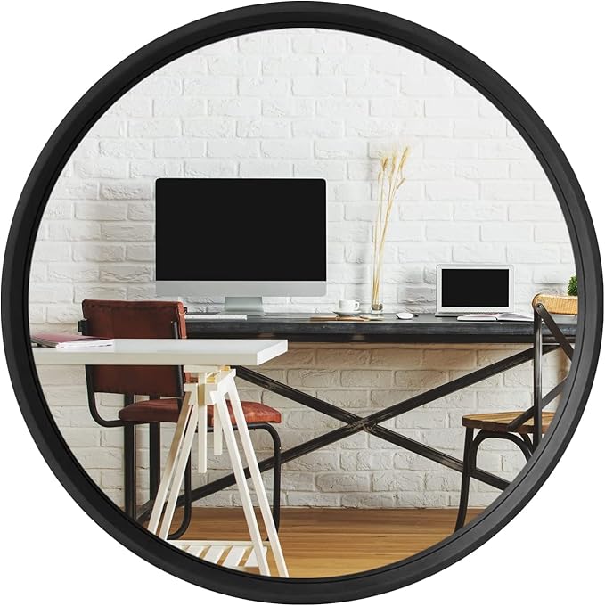HOMECOOKIN Wood Round Wall Mirror, Large Circle Rustic Accent Decor Mirror, Hanging Bathroom with Frame for Living Room, Bedroom, Entryway, 24 inch, Black