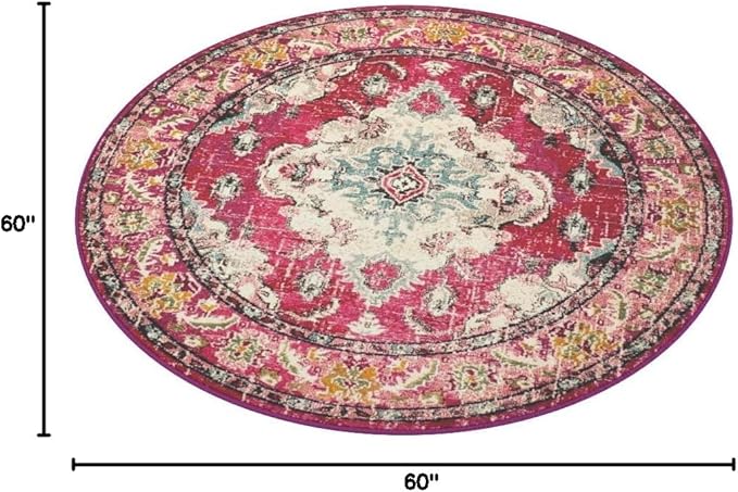 SAFAVIEH Monaco Collection Area Rug - 5' Round, Pink & Multi, Boho Chic Medallion Distressed Design, Non-Shedding & Easy Care, Ideal for High Traffic Areas in Living Room, Bedroom (MNC243D)