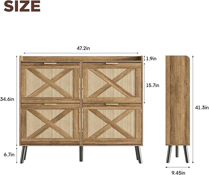 Maupvit Large Shoe Storage Cabinet with 4 Flip Drawers, Narrow Shoe Cabinet for Entryway with Wooden Legs, Freestanding Hidden Shoe Rack Organizer ＆ Metal Hinges, Rustic Oak Rattan