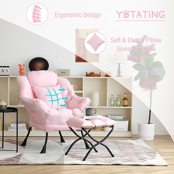 Lazy Chair with Ottoman, Comfy Reading Lounge Chair with Footstool & Throw Pillow Modern with Armrests & Side Pocket for Living Room, Bedroom, Dorm Room, Pink
