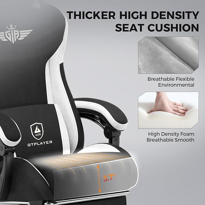 GTPLAYER Gaming Chair Fabric with Footrest, Big and Tall Game Chair High Back Computer Office Chair with Lumbar Support for Adults, Ergonomic Swivel Games Chair with Cushion Gaming Black