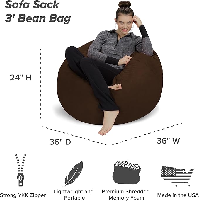 Sofa Sack Bean Bag Chair - Plush, Ultra Soft - Memory Foam Bean Bag Chair with Microsuede Cover - Stuffed Foam Filled Furniture and Accessories for Dorm Room 3 Feet - Chocolate