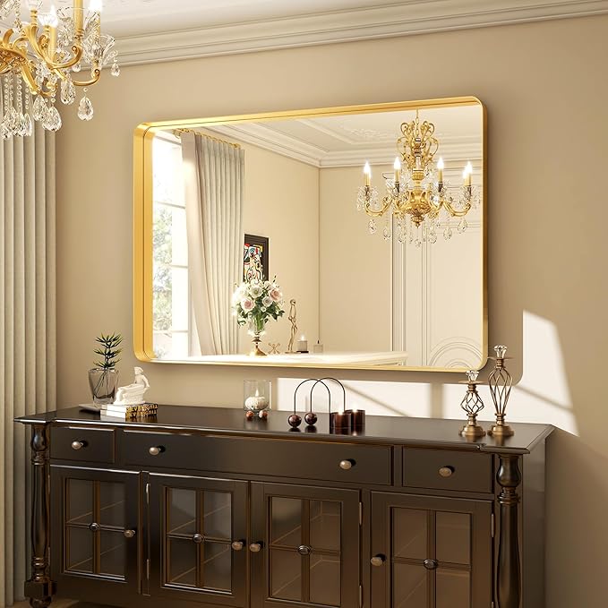 30 x 40 Inch Gold Bathroom Mirror for Wall,Aluminum Alloy Frame Rectangular Wall Mounted Mirror for Farmhouse Decor Horizontal or Vertical Ideal for Bedroom, Living Room