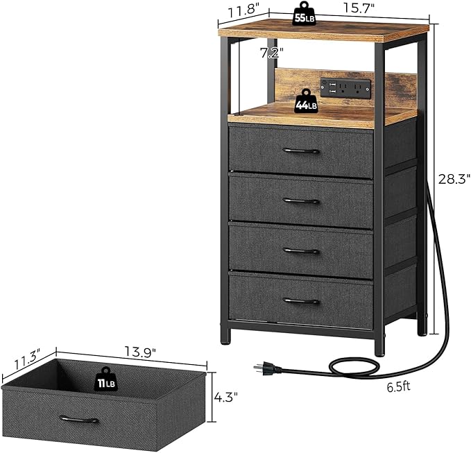 Seventable Night Stand with Charging Station, Tall Nightstand with 4 Fabric Storage Drawers, Side Table with LED Light for Bedroom, Entryway, Rustic Brown, Set of 2