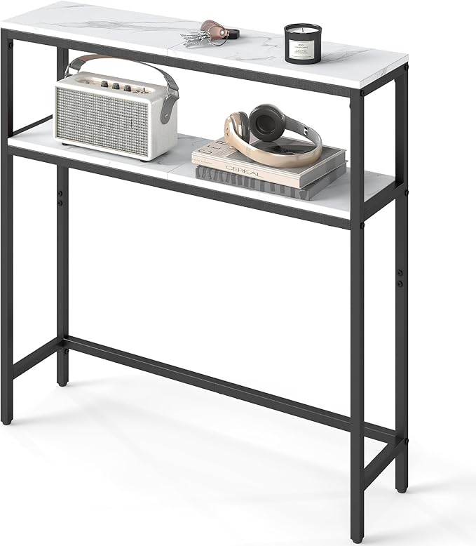 VASAGLE Console Table, 2-Tier Narrow Sofa Table with 2 Shelves, 7.9 x 31.5 x 31.5 Inches, for Living Room, Hallway, Entryway, Marble White and Ink Black ULNT130W59V1