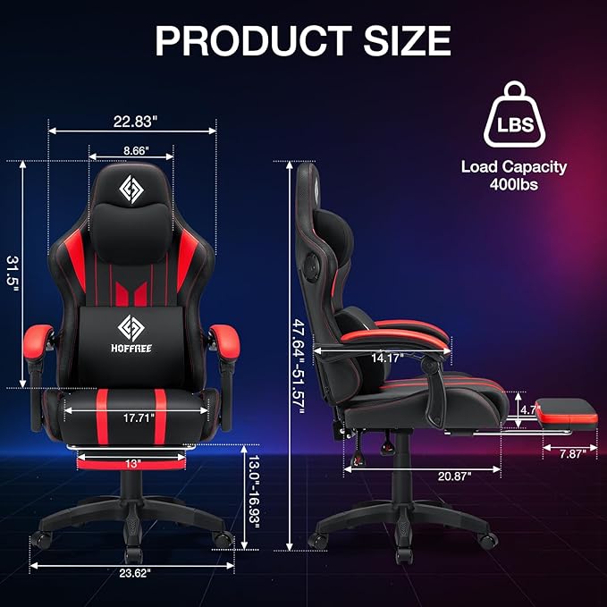 HOFFREE Gaming Chair with Music Rhythm RGB LED Lights and Bluetooth Speakers Ergonomic Massage Computer Gaming Chair with Footrest Video Game Chair High Back with Lumbar Support Red and Black