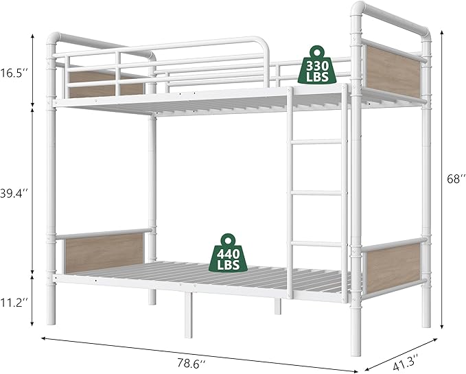 Metal Bunk Bed Twin Over Twin, Industrial Bunkbeds Heavy Duty Bed with Safety Guard Rails and Space-Saving Design, Steel Bed for School, Bedroom (White)