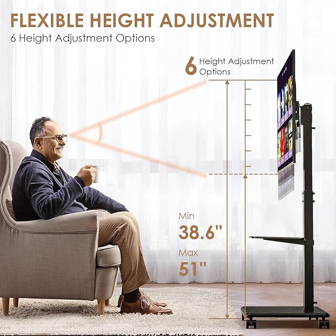 Mobile TV Stand with Wheels, Swivel Rolling TV Stand for 32-75 Inch TVs with Shelf, Landscape to Portrait, Height Adjustable Portable TV Cart with Tilt, VESA 600x400mm, 110lbs Capacity