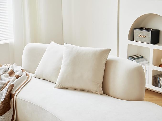 Container Furniture Direct 90" Curved Sofa with Throw Pillows, 4 Seater Luxury Velvet Couch with Half Moon Design and High-Density Foam, Ideal for Modern Living Room, Office & Apartment, Ivory White