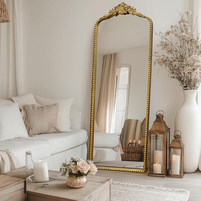 G-LEAF Vintage Baroque Full Length Floor Mirror 22"X65", Victorian Antique Mirror with Brush Gold Ornate Metal Frame for Fireplace Entryway Living Room Hallway Bathroom
