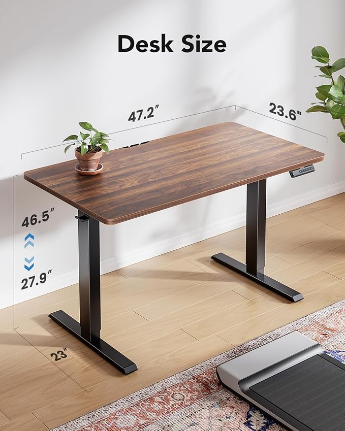 HUANUO 48" x 24" Electric Standing Desk Adjustable Height, 4 Memory Height Settings, Headphone Hook, Cable Manager, Sit Stand Up Desk for Home Office & Computer Workstation, Walnut