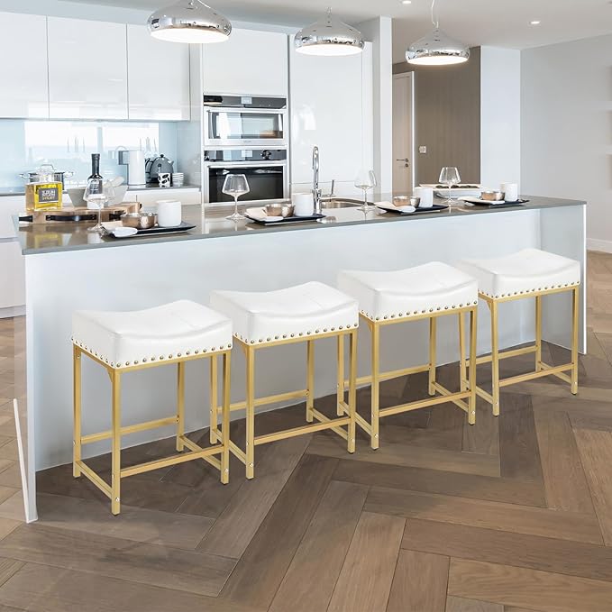 Bar Stools Set of 2, Gold White Counter Height Stools with Cushion Counter Stools and Barstools Steel Frame, 24" Modern Gold Bar Stools for Kitchen Counter Island (Off White+Gold)