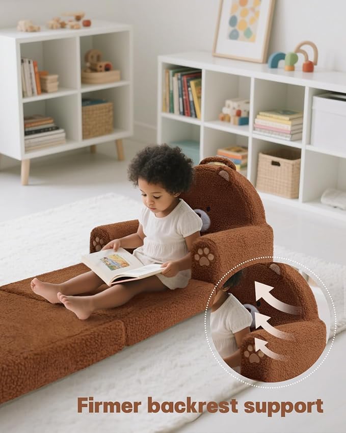 MOONBEEKI 2-in-1 Foldable Toddler Couch, Soft Sherpa Fabric with Washable Cover, Convertible Sofa to Lounger, Kids Sofa for Playroom, Bedroom, Living Room, Birthday Gift, Ages 1-3, Bear, Medium