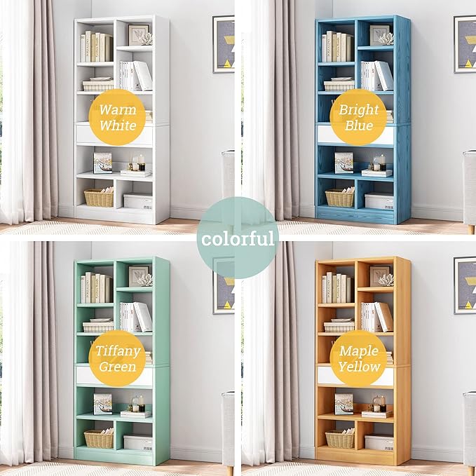 IOTXY Wooden Open Shelf Bookcase - 51 Inches Height Freestanding Display Storage Cabinet Organizer with 7 Cubes and a Drawer, Floor Standing Bookshelf in Warm White