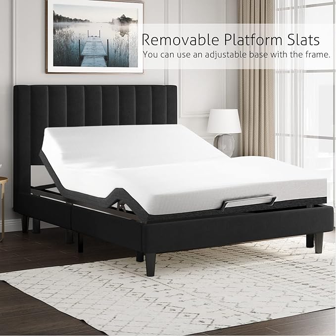 SHA CERLIN King Bed Frame/Velvet Upholstered Platform Bed Frame with Headboard/Strong Wood Slats Support/Mattress Foundation/No Box Spring Needed - Black
