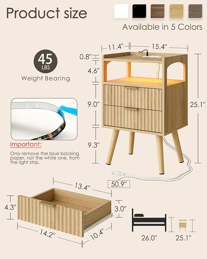 Nightstand with Charging Station and LED Lights,Modern Bedside Table with 2Drawer and Open Shelf,Oak Night Stand with Solid Wood Legs,End Table for Living Room、Bedroom and Small Spaces