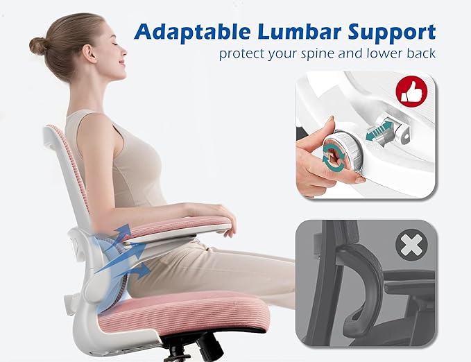 TRALT Ergonomic Office Chair - Desk Chair with Adjustable Lumbar Support Computer Chair - Mesh Comfy Chair with Flip-up Armrests - Gaming Chairs for Adults Home Office (Leather, Pink)