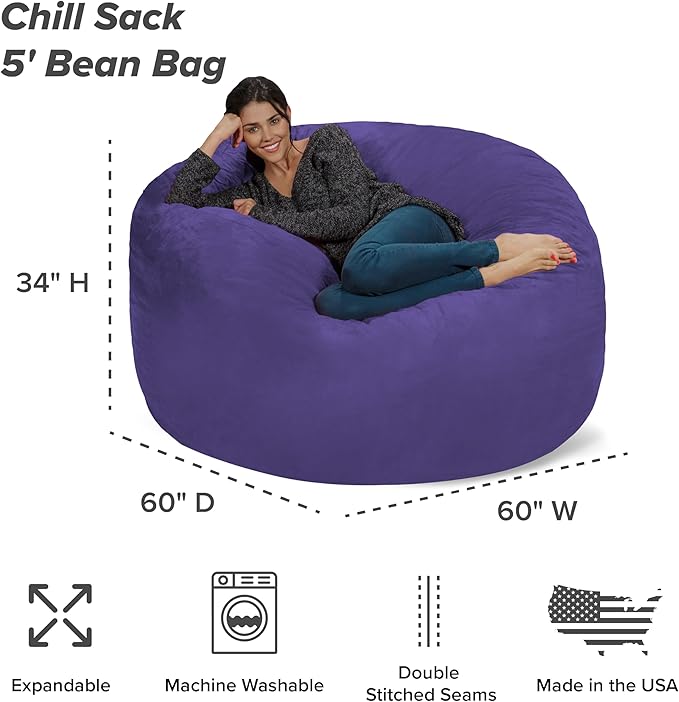 Chill Sack Bean Bag Chair - 5' Giant Memory Foam Lounge Chair with Soft Microfiber Cover – Cozy Furniture for Living Room, Dorm, & Kids' Rooms – Comfortable 5 Ft, Microsuede Lounge Sofa, Purple
