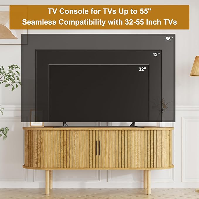 47.2" TV Stand, Modern TV Console Table with Storage Compartment and Sliding Door, Gaming Entertainment Center with Cabinet for Living Room, Bedroom, Office, Oak
