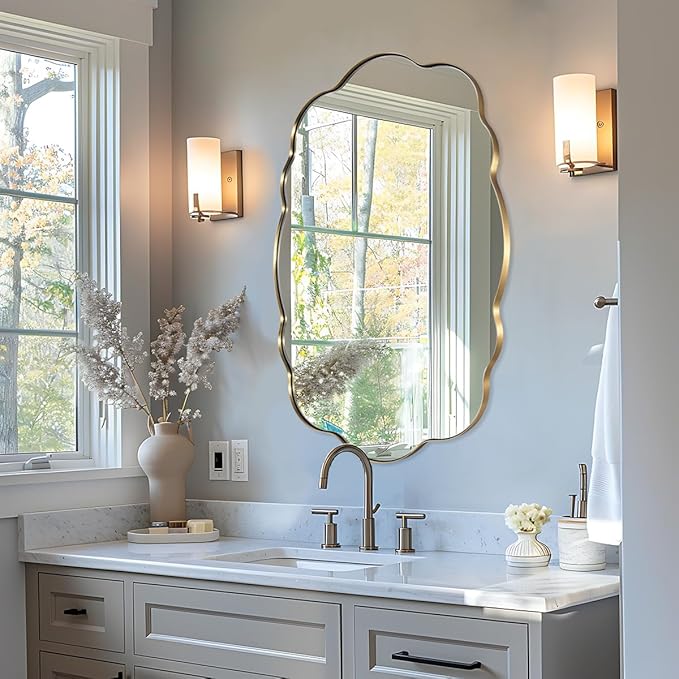 ANDY STAR Oval Bathroom Mirror, 30x40 Inch Scalloped Wall Mirror, Modern Brushed Gold Wavy Mirror, Anti-Rust Brass Metal Mirror for Bathroom Hang Vertical or Horizontal