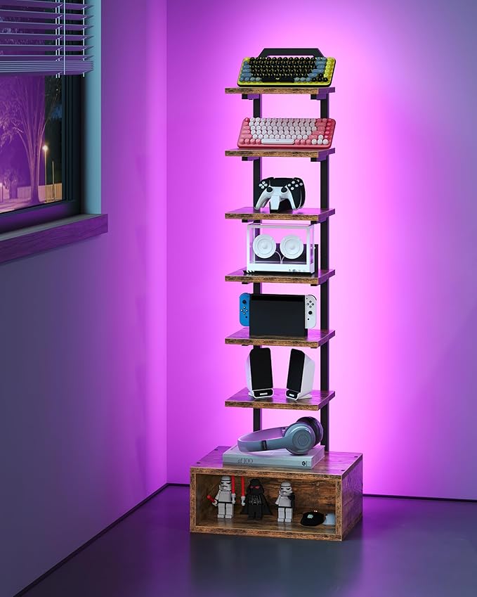 8-Tier Bookshelf, LED Bookcase with Semi-Open Bottom, Small Space Standing Shelf with Lights, Corner Storage Stand, for Living Room, Home Office, Bedroom, Rustic Brown TSJ08DBF