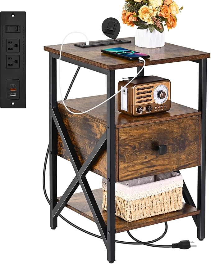 End Table with Charging Station, Charging Side Table Bedside Table with Outlets, Charger Nightstand, End Tables for Living Room, Night Stand with Storage for Bedroom, Brown