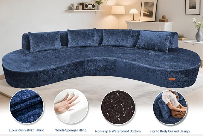 Homguava 130'' Modular Sectional Sofa,Curved Modern Sofa with Memory Foam,Deep Seat Cloud Couch with 4 Pillows,Upholstered Oversized Couches for Living Room Apartment Office,No Assembly Required-Blue