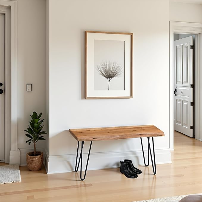 Alaterre Furniture 36-Inch Live Edge Wood Bench – Natural Acacia Wood Top with Metal Hairpin Legs – Sturdy and Easy to Assemble Rustic Modern Entryway or Accent Bench
