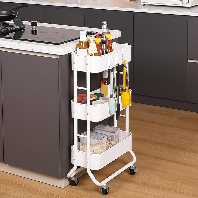 MAX Houser Slim 3-Tier Rolling Utility Cart, Narrow Metal Bathroom Storage Multifunctional Organizer Carts with Wheels with Extra Hook, Laundry Room,Kitchen,Small Space(White)
