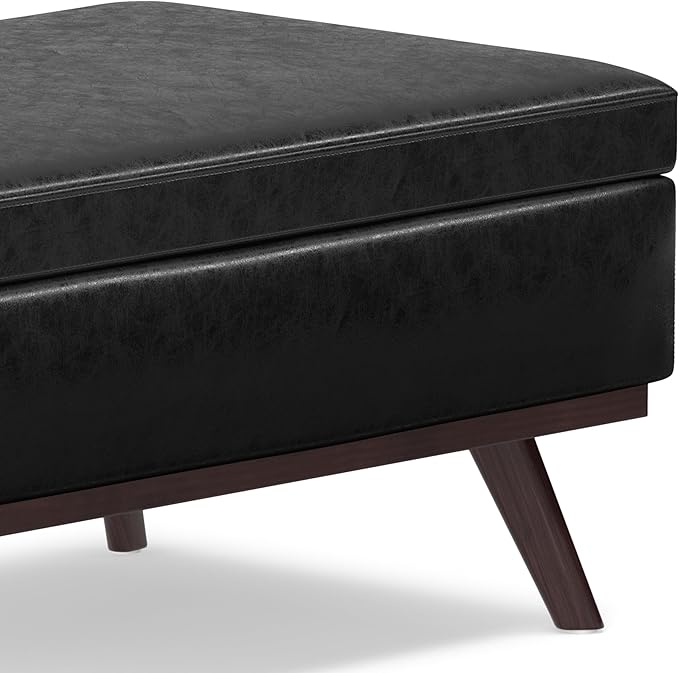 SIMPLIHOME Owen 42 inch Wide Mid Century Modern Rectangle Lift Top Large Coffee Table Storage Ottoman in Distressed Black Vegan Faux Leather, Assembled, for the Living Room, Entryway and Family Room