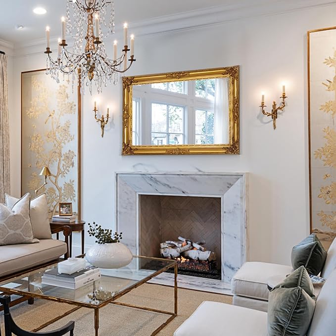 Gold Vintage Mirror, 37.4" x 25.6" Traditional Antique Gold Wall Mirrors with Ornate Baroque Wood Frame, Living Room Decorative Mirrors for Wall Decor