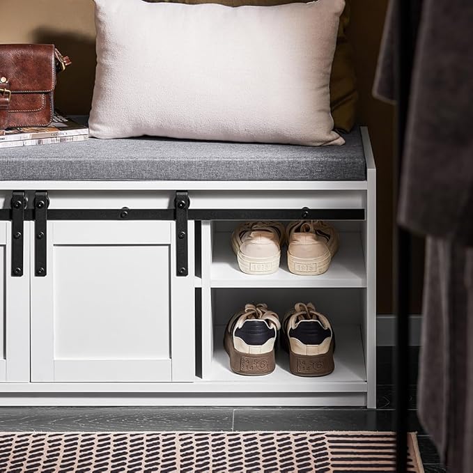 Haotian Industrial Style Shoe Storage Bench, Entryway Hallway Shoe Cabinet, Sliding Barn Doors, Drawer & Padded Seat Cushion, Rustic Window Bench for Mudroom (White) FSR198-W