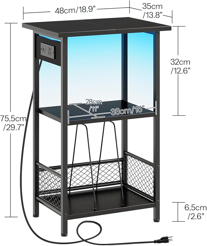 HOOBRO Record Player Stand with Charging Station and LED, Turntable Stand with Storage, 3 Tier End Table Hold Up to 100 Albums, Record Table for Vinyl, Living Room, Black BB06UDRS01