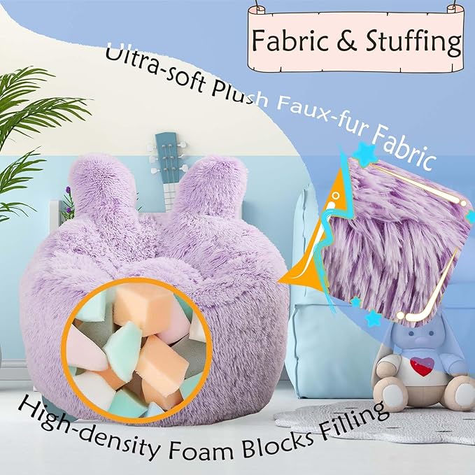 Bean Bag Chair for Kids with Plush Faux Fur Cover, 2.5FT Memory Foam Filled Bean Bag for Teens & Kids, Lazy Sofa for Living Room/Bedroom/Dorm, Rabbit-Ears Design