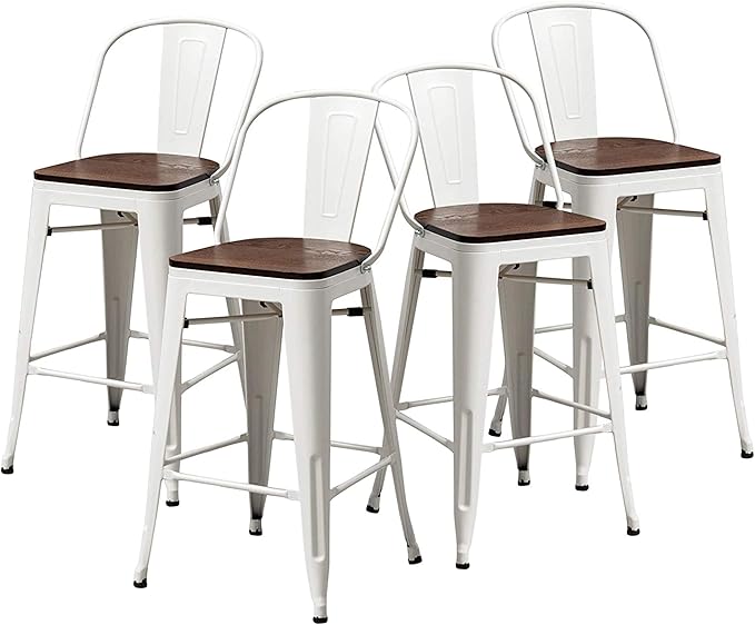 Changjie Furniture 30 Inches Metal Barstools Set of 4 Counter Height Bar Stools Industrial Stools with Backs High Back Chairs for Kitchen Island (30 Inch, White)