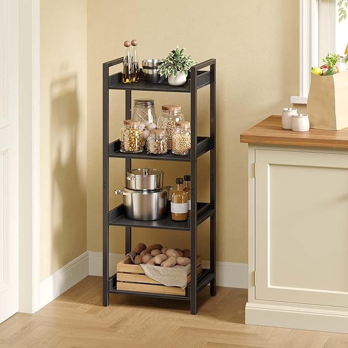 Rolanstar Bookshelf, 4-Tier Storage Rack, Narrow Corner Bookshelf, Display Wooden Shelves for Living Room, Bathroom, Balcony, Kitchen,Black