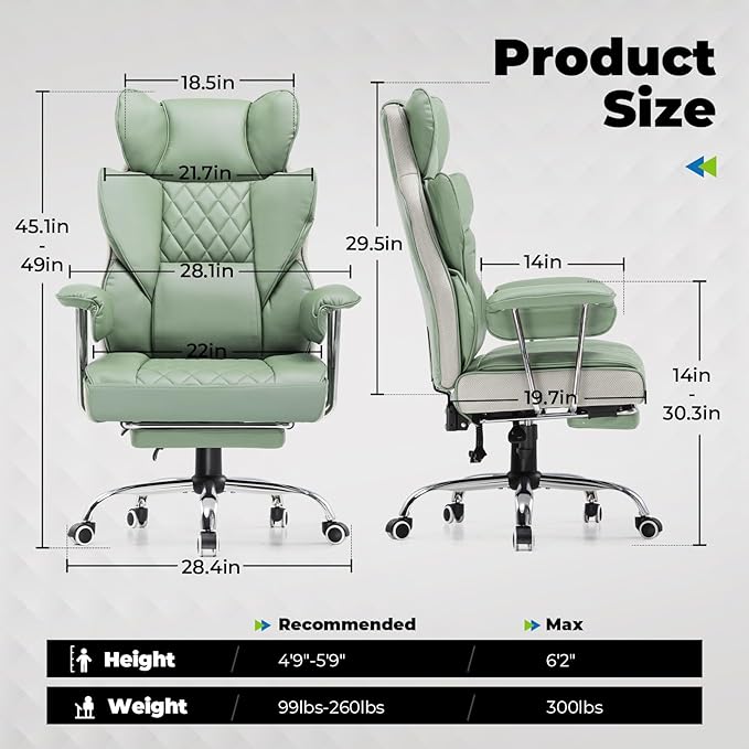 COMHOMA Big and Tall Office Chair, High Back Leather Gaming Chair with Footrest, Executive Ergonomic Office Chairs with Pocket Spring Lumbar Support and with Outward Fixed Soft Armrests