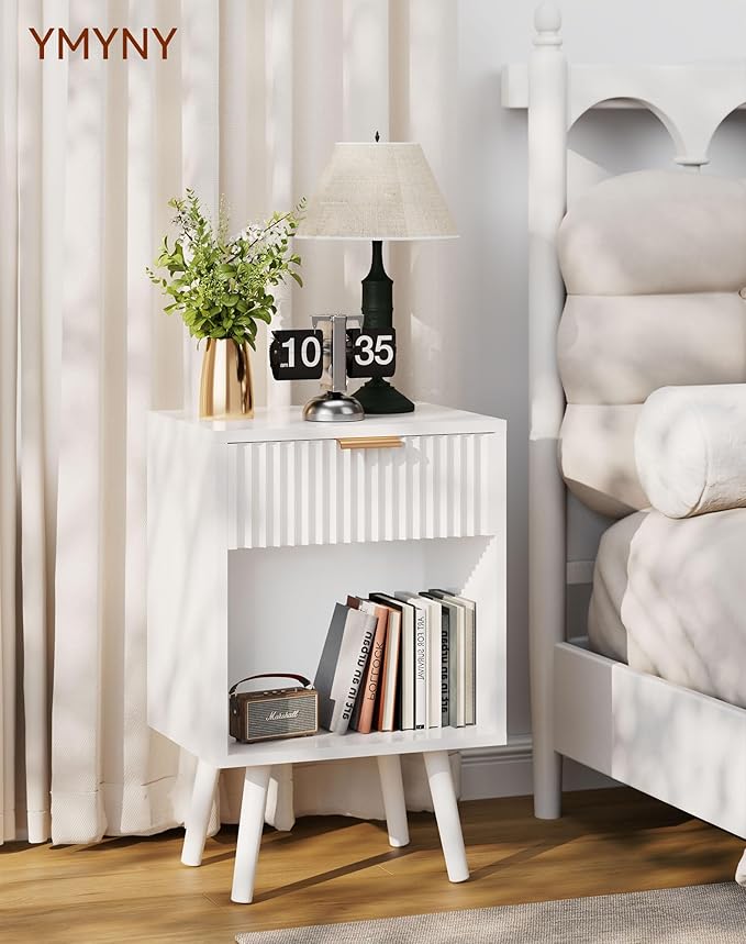 YMYNY Mid Century Modern Nightstand, Side Table, Fluted Night Stand with Drawer, Open Shelf Unit, Golden Handle, Solid Wood Legs, Bedside Table, for Bedroom, White UHST013W