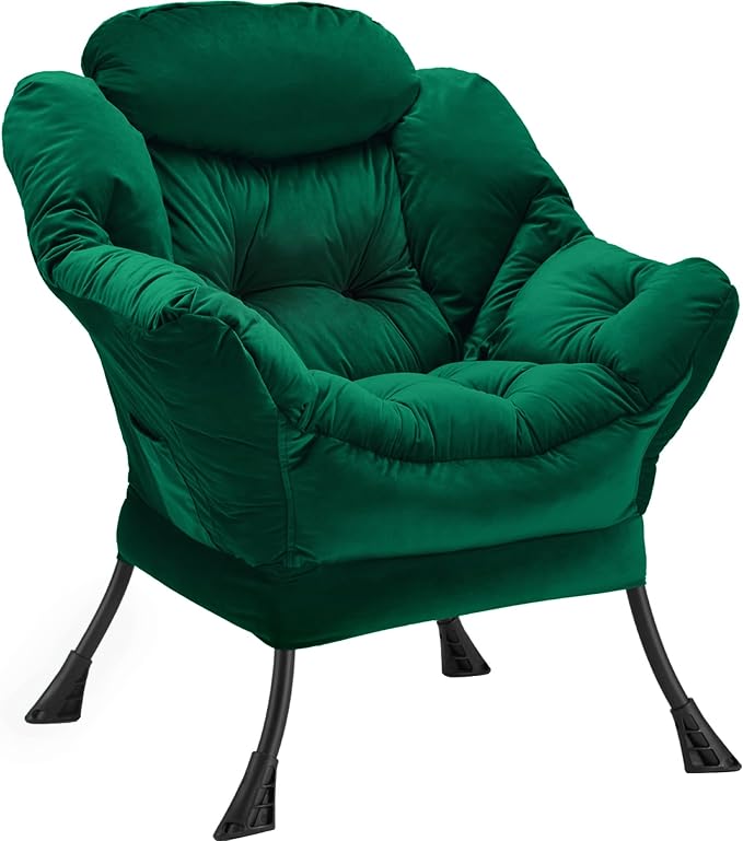 Lazy Chair Thick Padded, Comfy Velvet Accent Lounge Chair with Stable Frame, Leisure Sofa Armchair with Armrests and Side Pocket, Reading Chair for Bedroom, Living Room, Office, Green