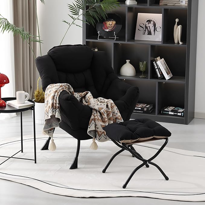 Lazy Chair with Folding Ottoman, Modern Accent Lounge Armchair with Armrests and a Side Pocket & Foldable Footstool, Leisure Reading Chair for Living Room, Bedroom, Dorm & Office, Black