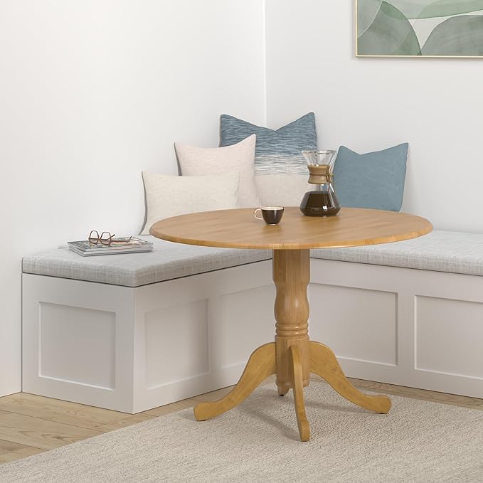 IC International Concepts, 42" Round Dual Drop Leaf Pedestal Dining Table, Solid Real Wood, Sturdy Parawood, Dimensions 42"D x 42"W x 29.5"H, 20mm thickness, 40lbs Weight Capacity, Oak