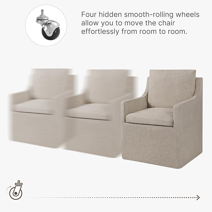 Upholstered Dining Chairs with Casters Easy Assembly Side Deskchair with Rollers for Diningroom, Living Room, Khaki, 1 Box
