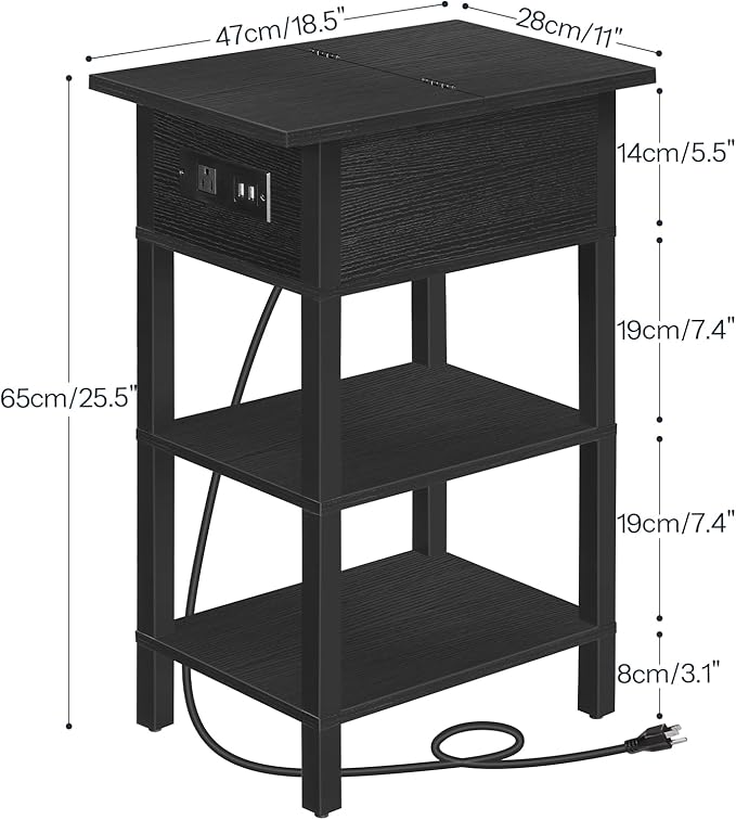 HOOBRO End Table with Charging Station, Flip Top Side Table with USB Ports, Narrow Nightstand Bedside Tables with Storage Shelves, for Small Space, Living Room, Black BK141UBZ01