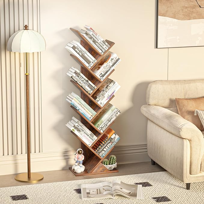 10 Tier Tree Book Shelf, Floor Standing Wood Bookshelf for Narrow Space, Storage Organizer Bookshelves for Books/CDs/Magazine, Bookcase with Shelves for Home Office, Living Room - Brown