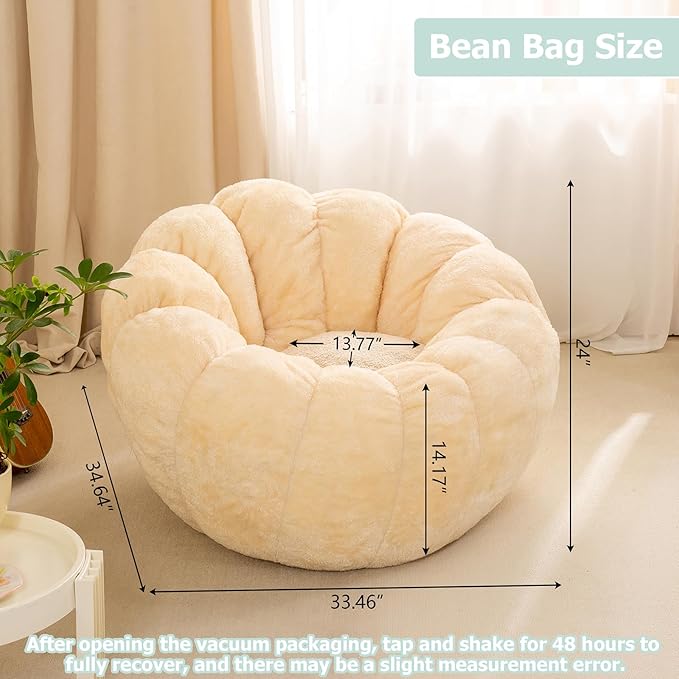 Pumpkin Bean Bag Sofa Chair, Bean Bag Chair with Filler for Teens, Kids, Toddler, Comfy and Lazy Sofa for Dorm, Apartment, Living Room and Bedroom, Ivory