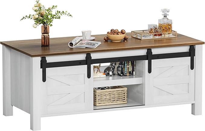 YESHOMY Coffee Table with Sliding Barn Doors & Storage, Wooden Center Rectangular Cabinet with Adjustable Shelves, for Livingroom, Bedroom, Home Office, White